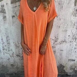 Lightweight Orange V-Neck Maxi Dress